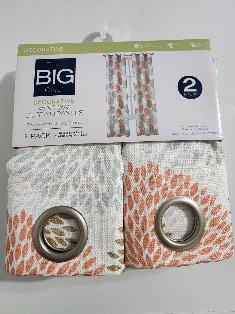 Brand NEW The Big One Coral, Sage & Gold Leaf Grommet Curtain Panels